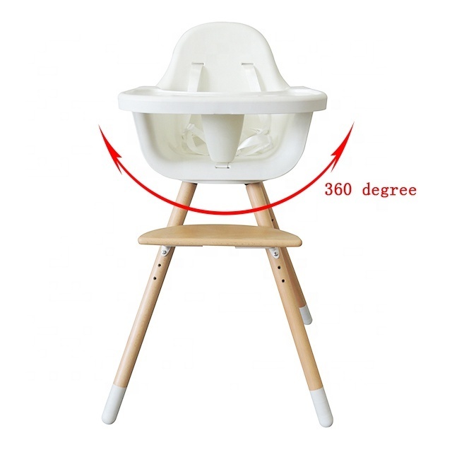 HC-02 Adjustable Height 360 degree swivel base Foldable Feeding Bamboo Baby Highchair with Tray