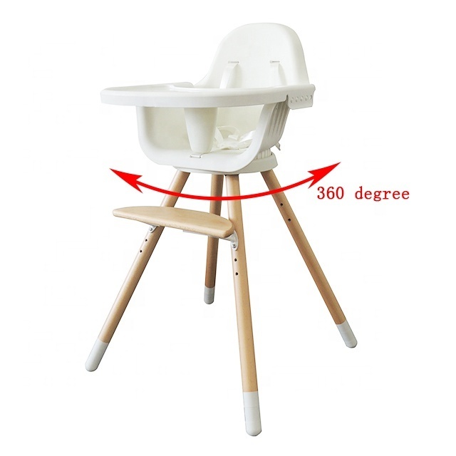 HC-02 Adjustable Height 360 degree swivel base Foldable Feeding Bamboo Baby Highchair with Tray