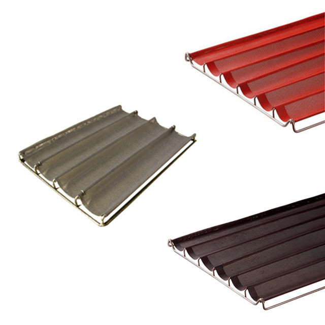 Stainless Steel Wire Mesh Tray Red Color Silicone Coated Non Stick French Bread Baguette Baking Tray Pan