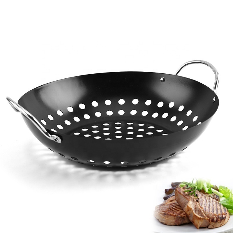 Kitchen Outdoor Camping Carbon Steel Nonstick Japanese Korean Barbecue Pan BBQ Grill Pan Roaster Frying Pan with Holes