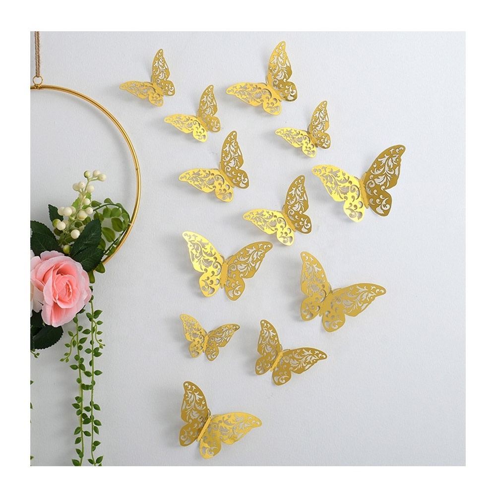 High Quality Bright Decor 12pcs Set Decoration Shiny Rose Gold Golden Silver 3D Hollow Butterfly Wall Stickers