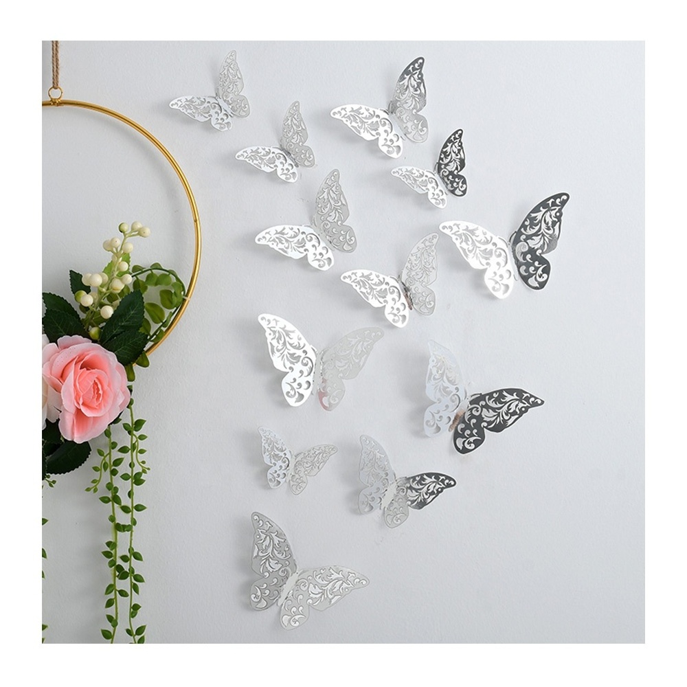 High Quality Bright Decor 12pcs Set Decoration Shiny Rose Gold Golden Silver 3D Hollow Butterfly Wall Stickers