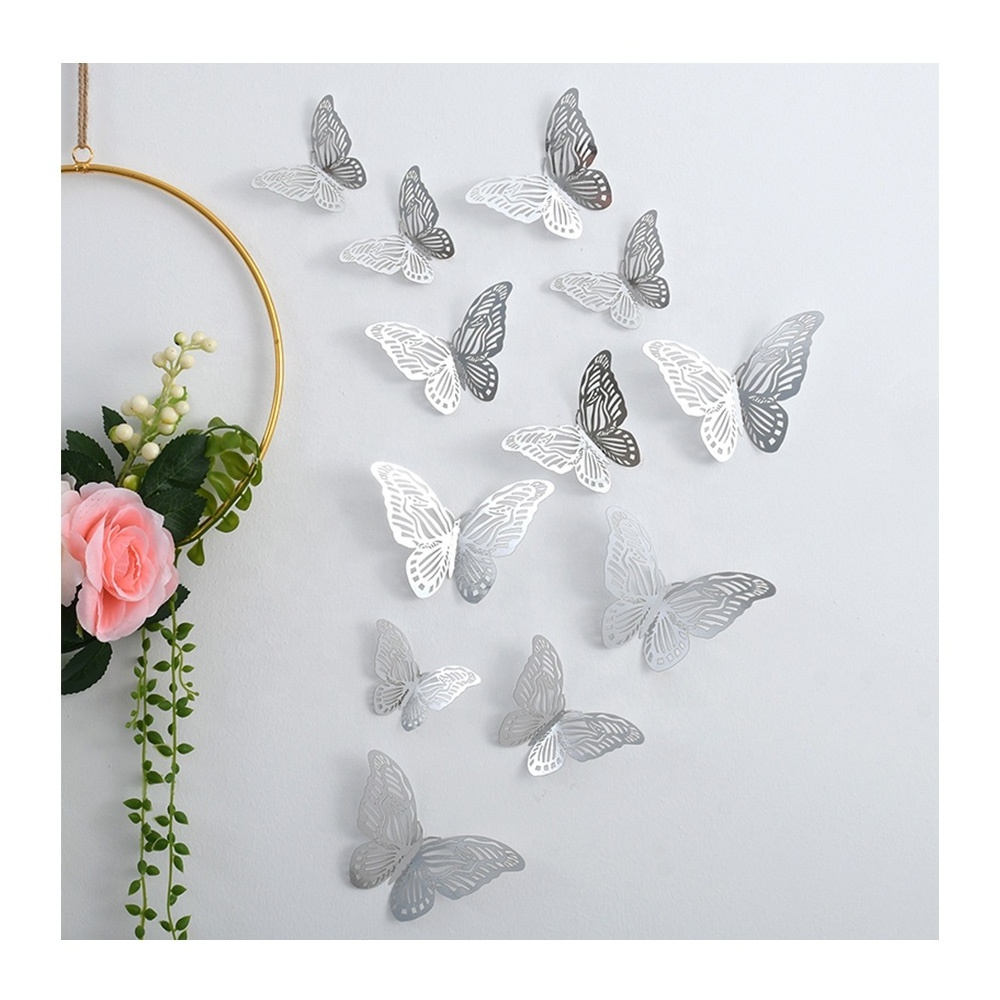 High Quality Bright Decor 12pcs Set Decoration Shiny Rose Gold Golden Silver 3D Hollow Butterfly Wall Stickers