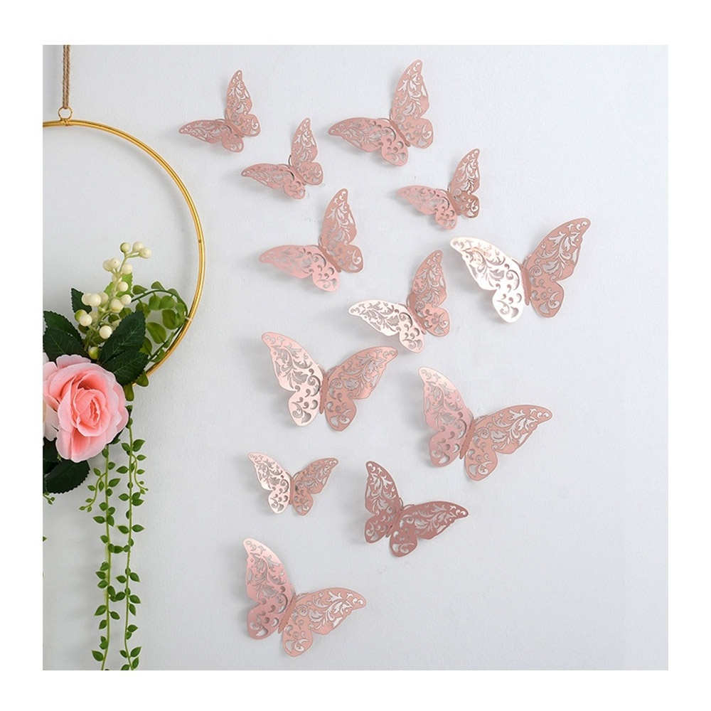 High Quality Bright Decor 12pcs Set Decoration Shiny Rose Gold Golden Silver 3D Hollow Butterfly Wall Stickers