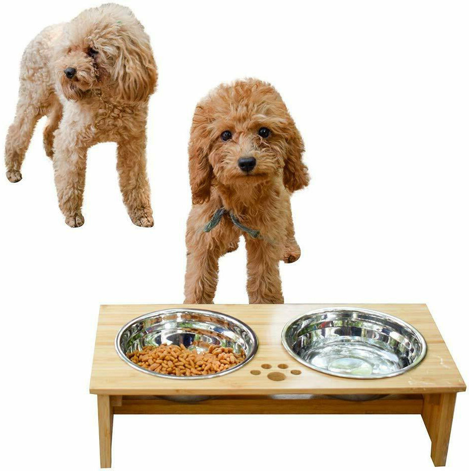 2022 Adjustable Bamboo Wood Elevated Cat Dog Pet Food Bowl Stand Pet Feeders