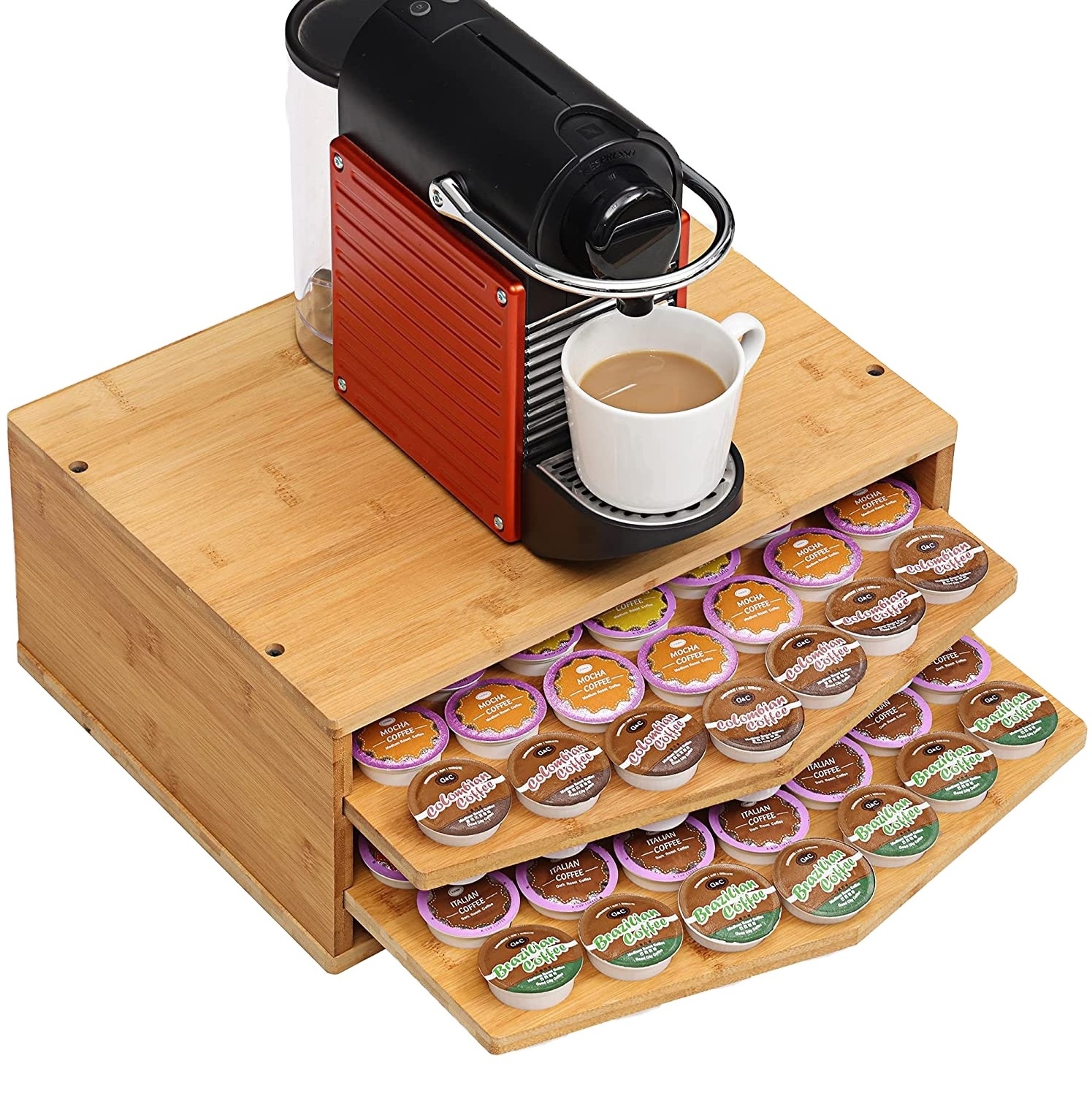 2-tier Bamboo Coffee Pod Holder Storage Organizer with Drawer for Keurig K-Cup Pods