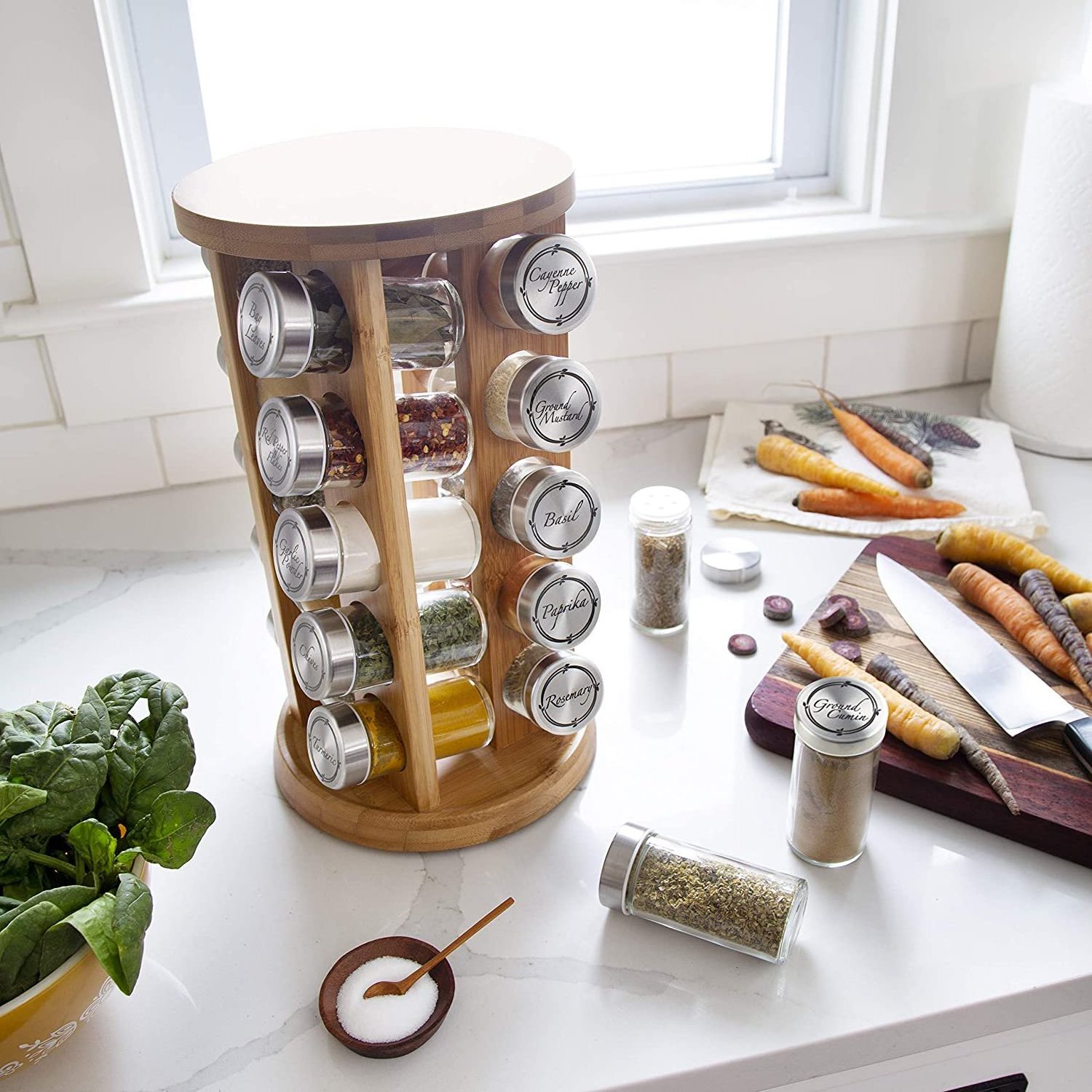 20 Jar Spice Rack with Spices Included - Rotating Countertop Tower Organizer for Kitchen Spices and Seasonings