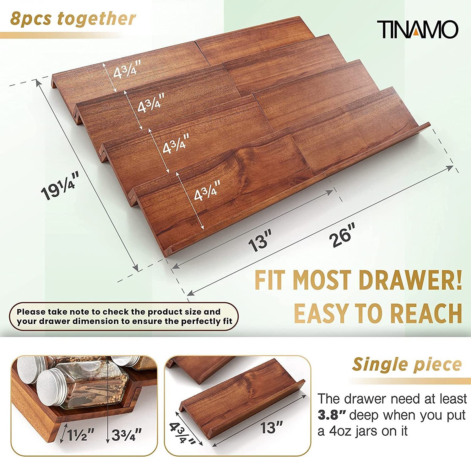 Acacia Spice Rack Organizer for Drawer - Wooden Tray Spice Racks Organizer for Cabinet Storage Shelf - 4 Tier Spice Drawer