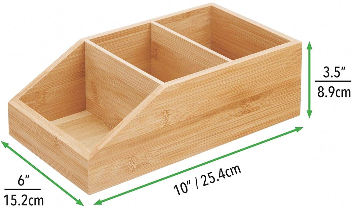 Bamboo Wood Compact Bathroom Storage Organizer Bin Box - 3 Divided Sections - Cabinets, Shelves, Countertops, Bedroom, Kitchen,