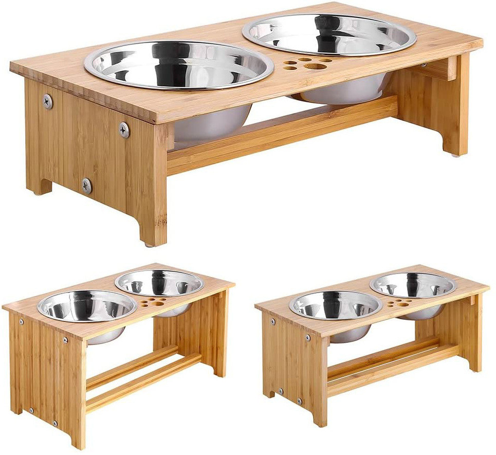 2022 Adjustable Bamboo Wood Elevated Cat Dog Pet Food Bowl Stand Pet Feeders