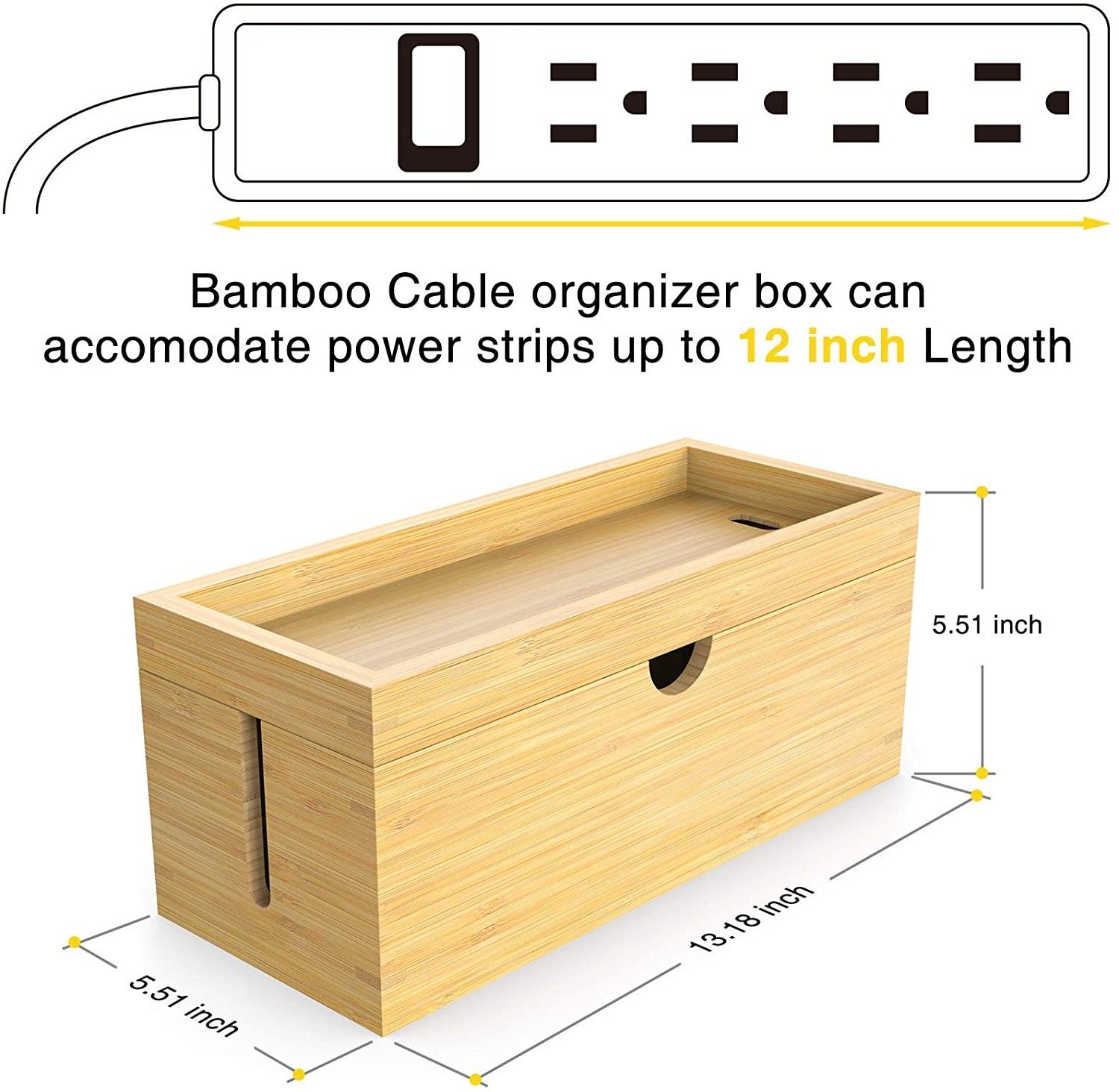 Bamboo Cable Management Box Hider Cord Organizer  Conceal Power Strips Electrical Cords for Desk