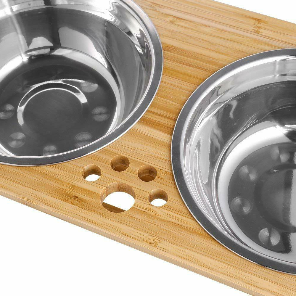 2022 Adjustable Bamboo Wood Elevated Cat Dog Pet Food Bowl Stand Pet Feeders