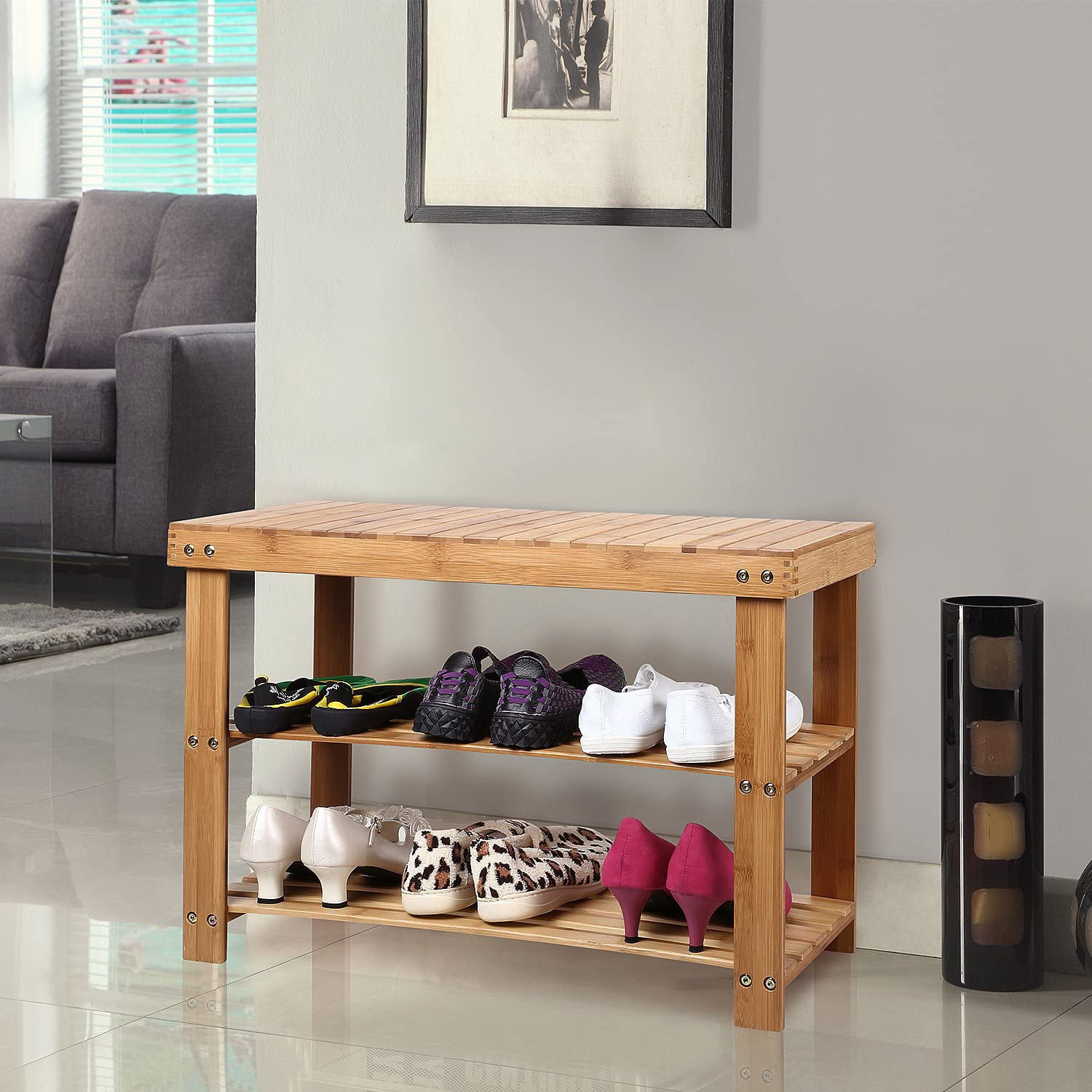 2022 Cabinet Bamboo Shoe Rack Bench with 2 Tiers Shelves Display Storage and Organizer for Bedroom, Entryway, Hallway