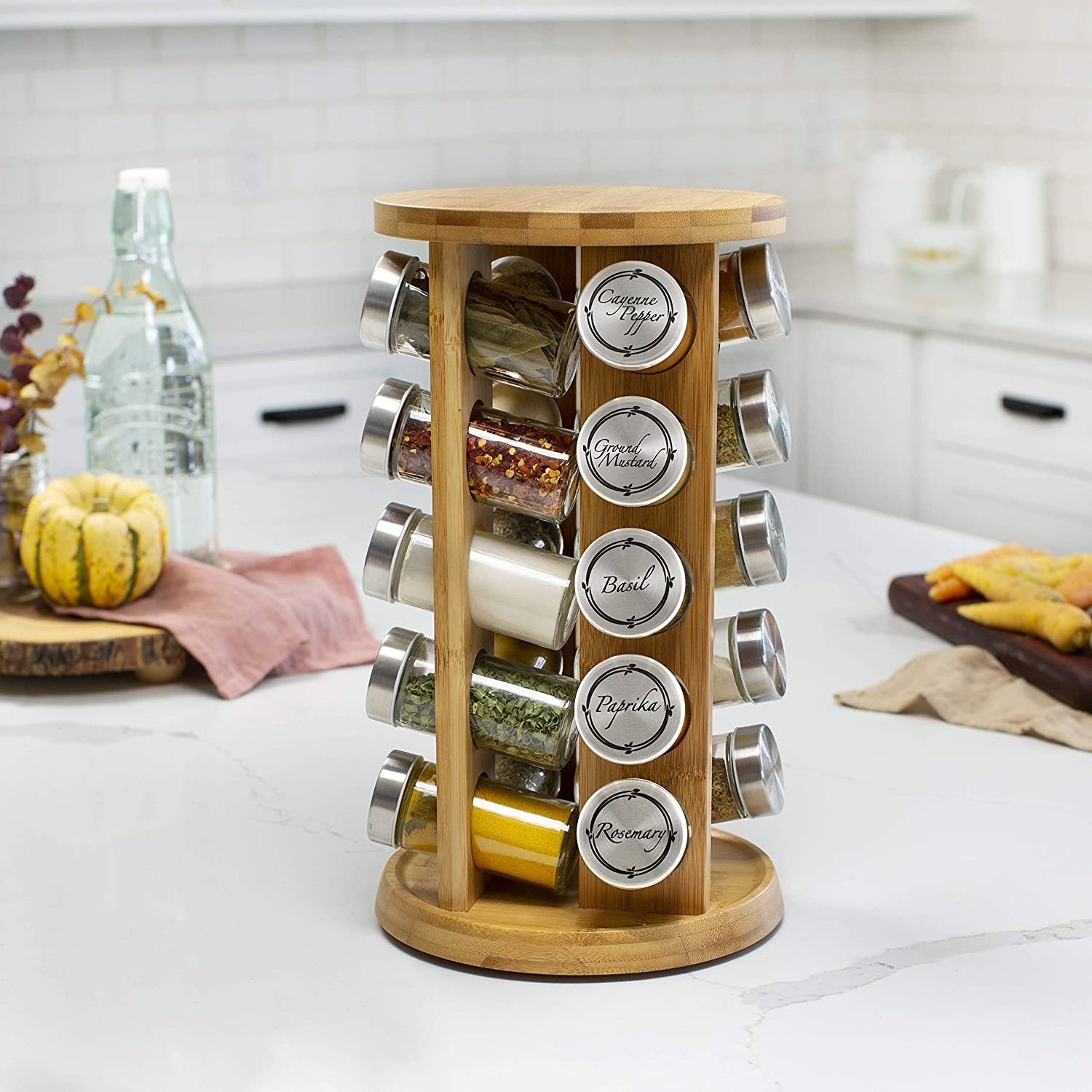 20 Jar Spice Rack with Spices Included - Rotating Countertop Tower Organizer for Kitchen Spices and Seasonings