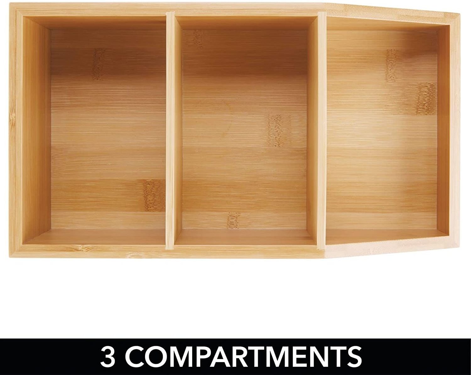 Bamboo Wood Compact Bathroom Storage Organizer Bin Box - 3 Divided Sections - Cabinets, Shelves, Countertops, Bedroom, Kitchen,