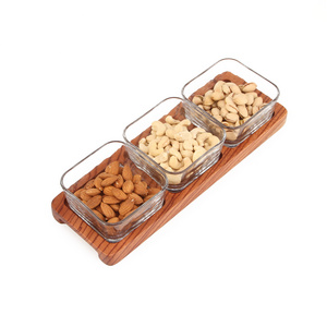 Beautiful Grain Padauk  Serving Dish with three Clear Glass Sauce Bowl for Sauce  Dry Fruits Nuts