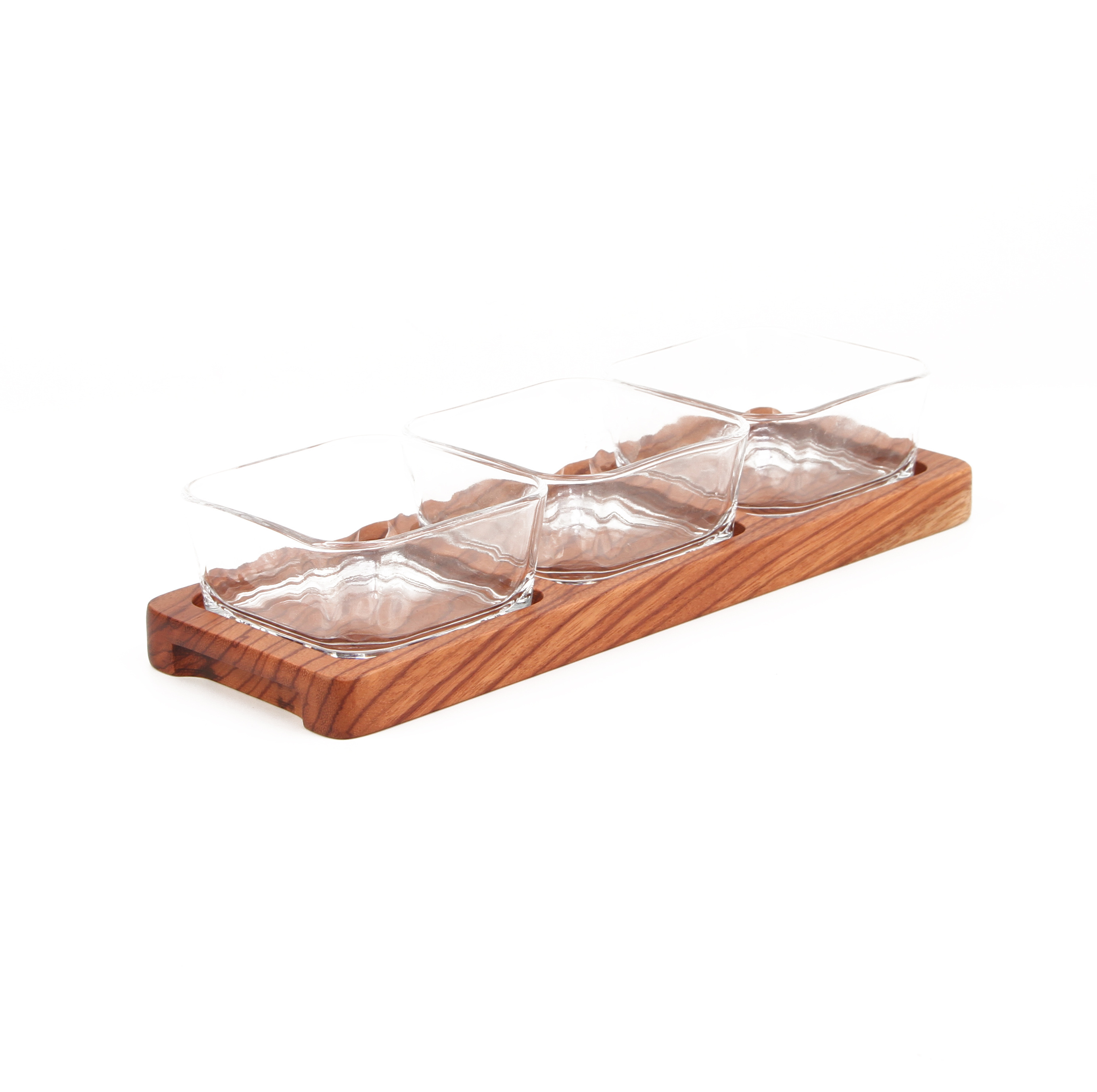 Beautiful Grain Padauk  Serving Dish with three Clear Glass Sauce Bowl for Sauce  Dry Fruits Nuts