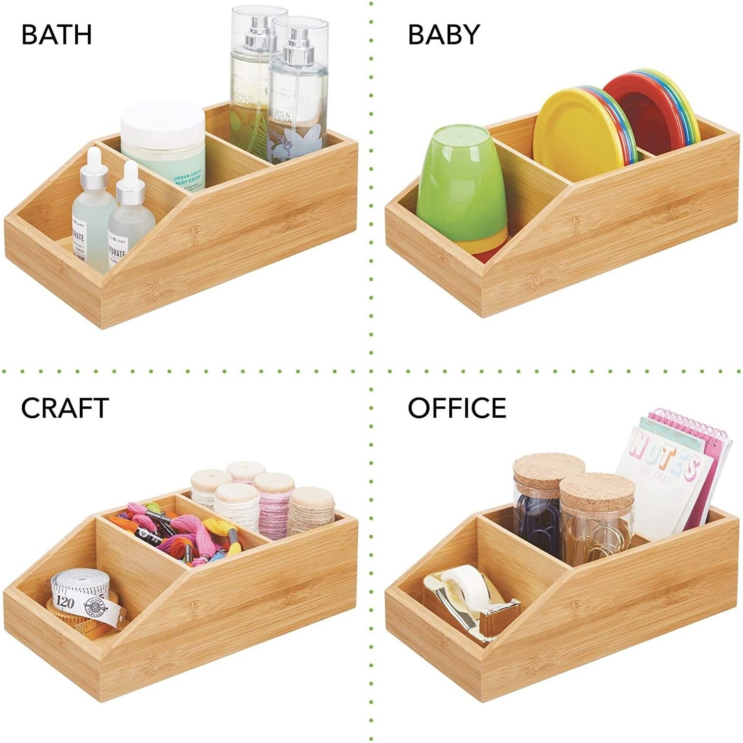 Bamboo Wood Compact Bathroom Storage Organizer Bin Box - 3 Divided Sections - Cabinets, Shelves, Countertops, Bedroom, Kitchen,