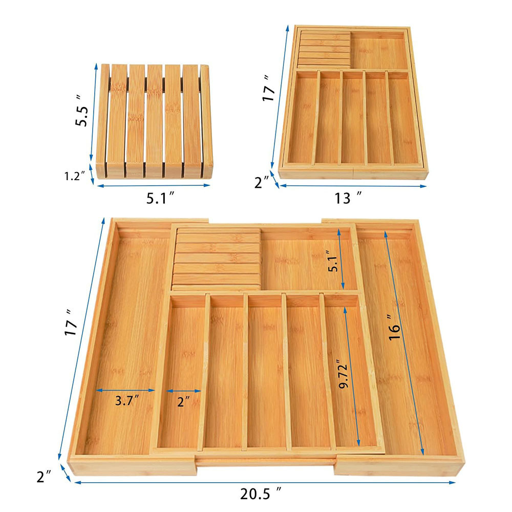 Bamboo Drawer Organizer for Utensils Holder, Adjustable Cutlery Tray, Wood Drawer Dividers Organizer