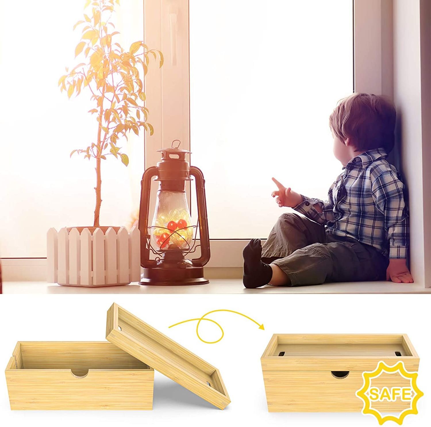 Bamboo Cable Management Box Hider Cord Organizer  Conceal Power Strips Electrical Cords for Desk