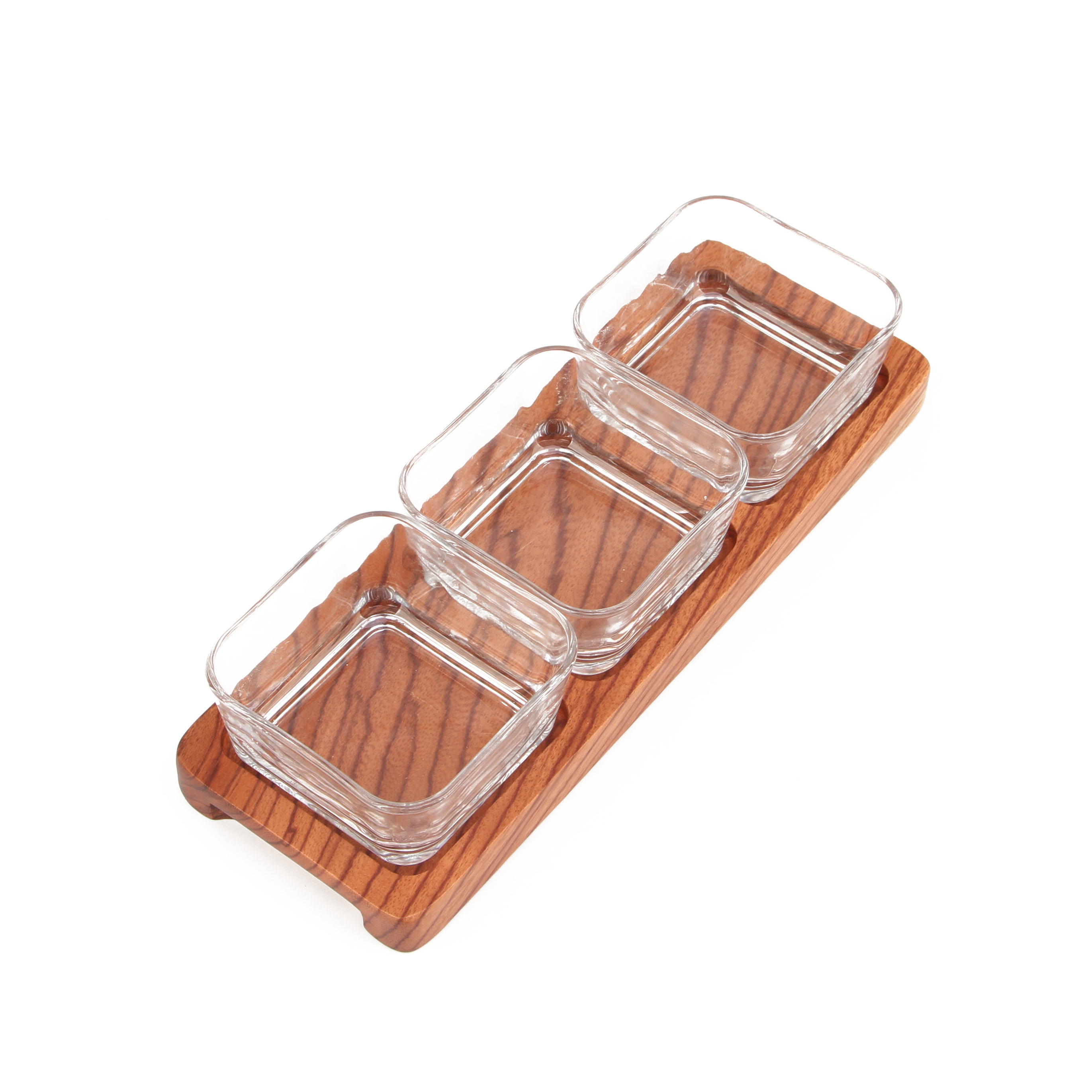 Beautiful Grain Padauk  Serving Dish with three Clear Glass Sauce Bowl for Sauce  Dry Fruits Nuts