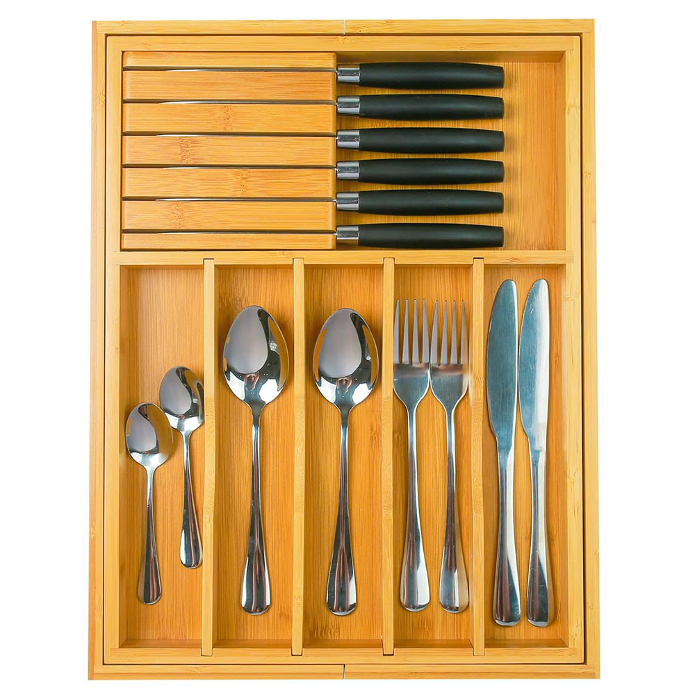 Bamboo Drawer Organizer for Utensils Holder, Adjustable Cutlery Tray, Wood Drawer Dividers Organizer