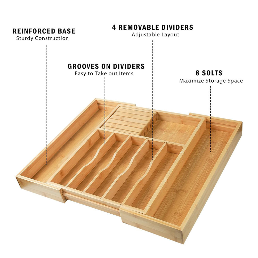 Bamboo Drawer Organizer for Utensils Holder, Adjustable Cutlery Tray, Wood Drawer Dividers Organizer