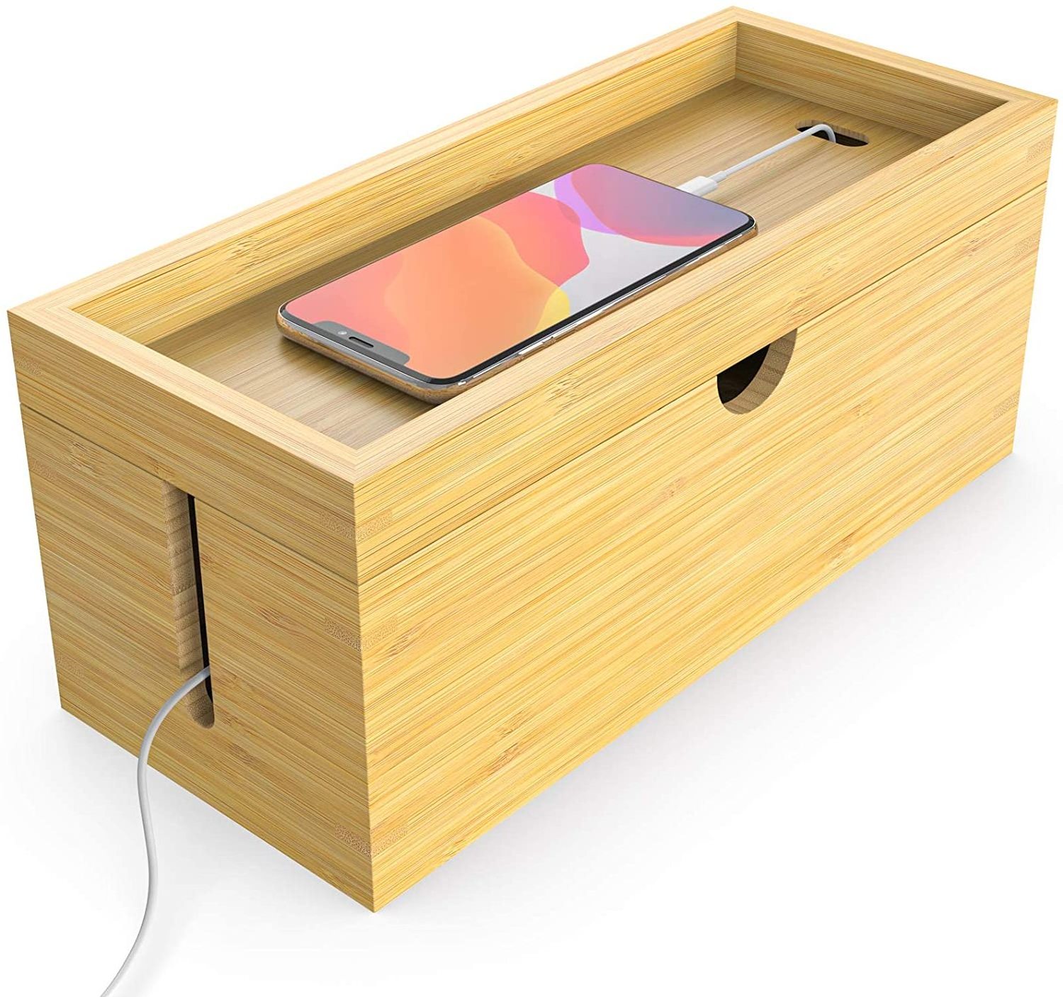 Bamboo Cable Management Box Hider Cord Organizer  Conceal Power Strips Electrical Cords for Desk