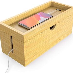 Bamboo Cable Management Box Hider Cord Organizer  Conceal Power Strips Electrical Cords for Desk