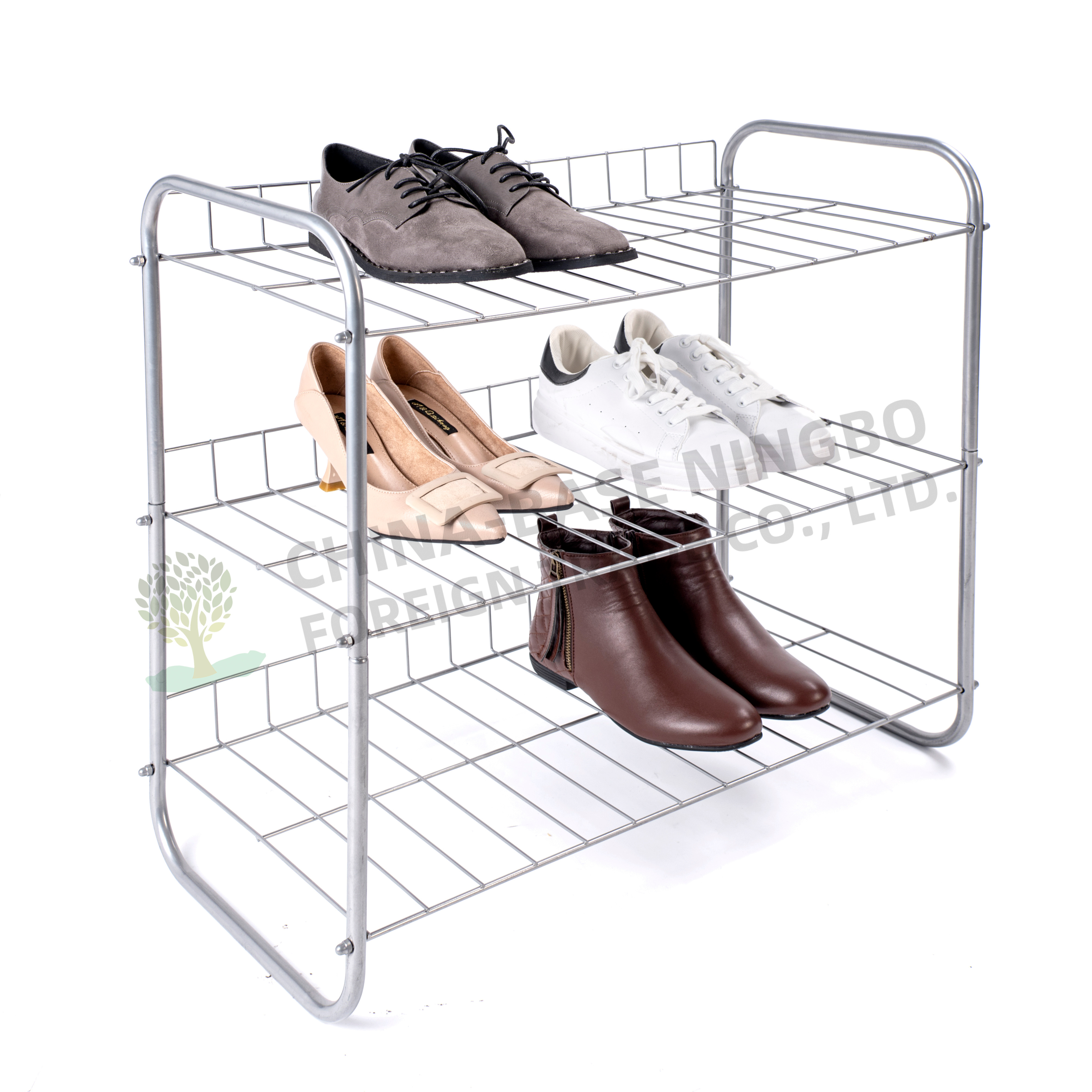 Silver Metal Wire Sneaker Shoe Shelf Space Saving Shoe Organizer 3 Tier Shoe Rack with Handrail