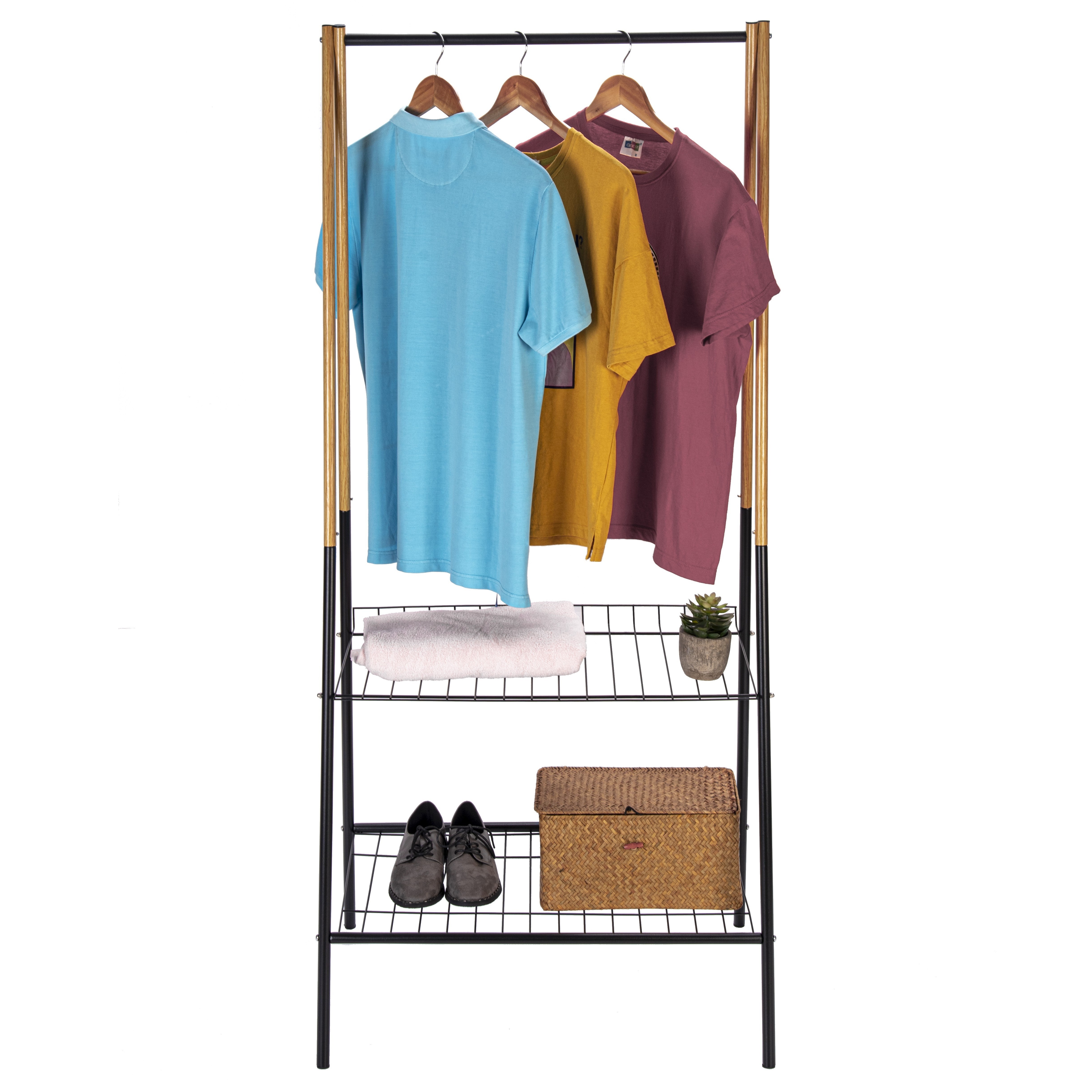 Durable Black Metal Clothing Display Racks with Dual-Tier Shelf for Shoes and Clothes Storage