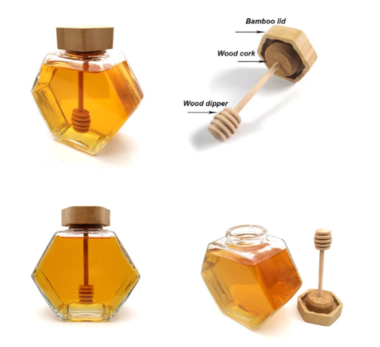 Honey Jar with Dipper and Lid Glass Honey Pot Container Dispenser for Home Kitchen Store Honey and Syrup