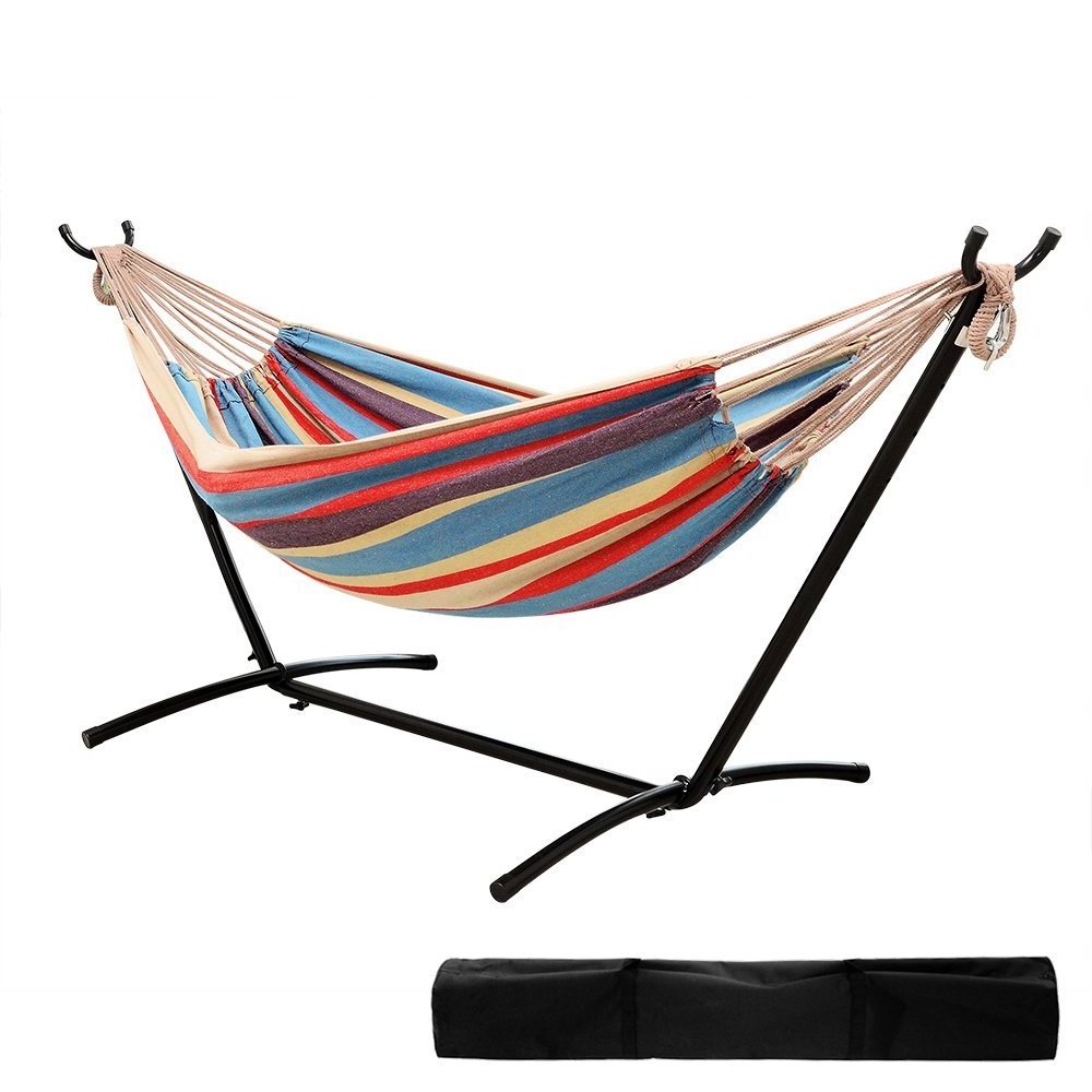 Double Hammock with Stand Included 450lb Capacity Steel Stand, Carry Bag Included Cotton Bed