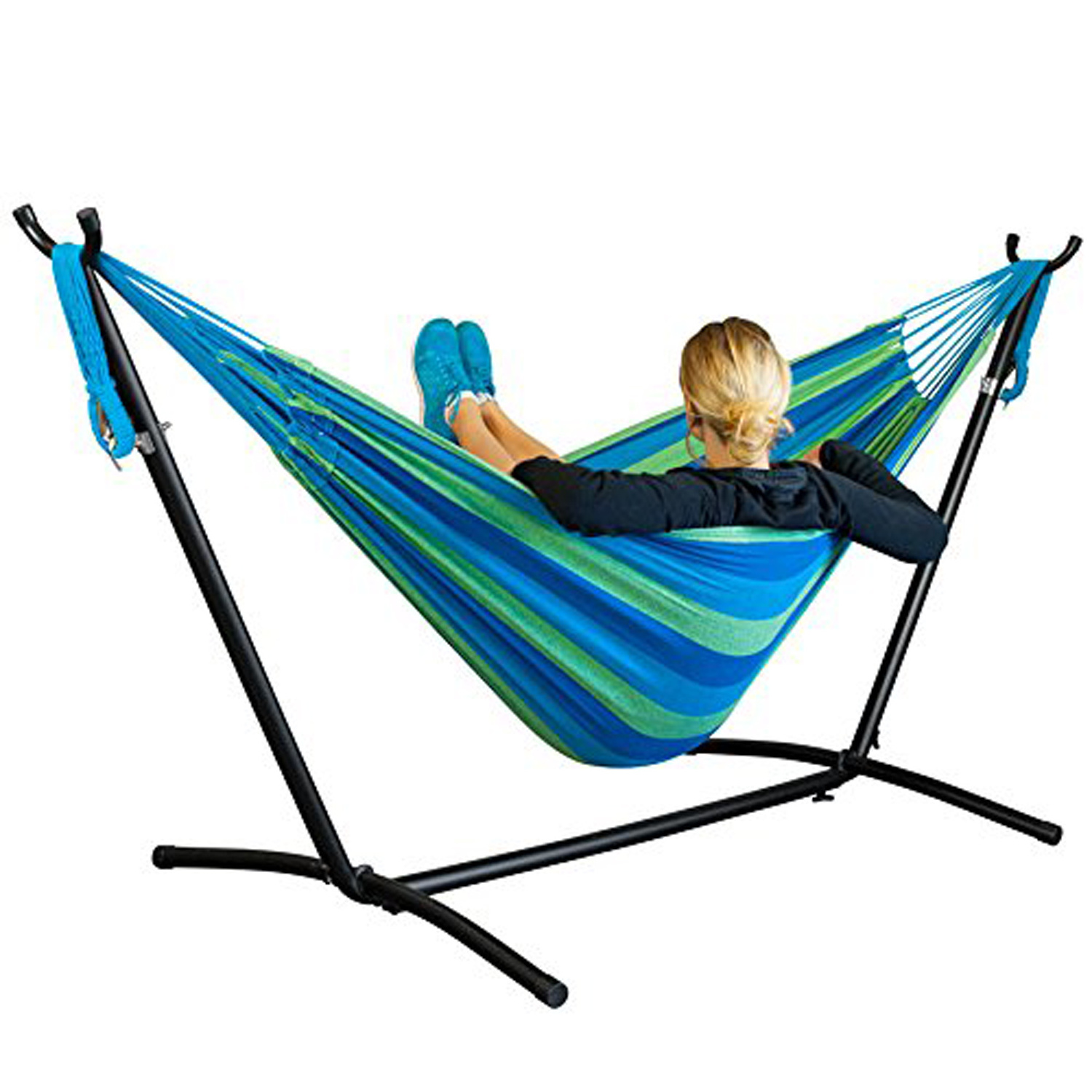 Double Hammock with Stand Included 450lb Capacity Steel Stand, Carry Bag Included Cotton Bed