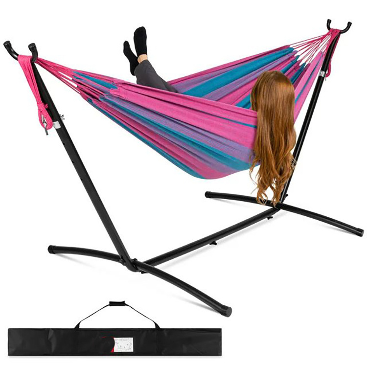 9 Ft Double Cotton Hammock with Steel Stand Large Capacity 440-Pound Space Saving for Outdoor Camping-Stand Included