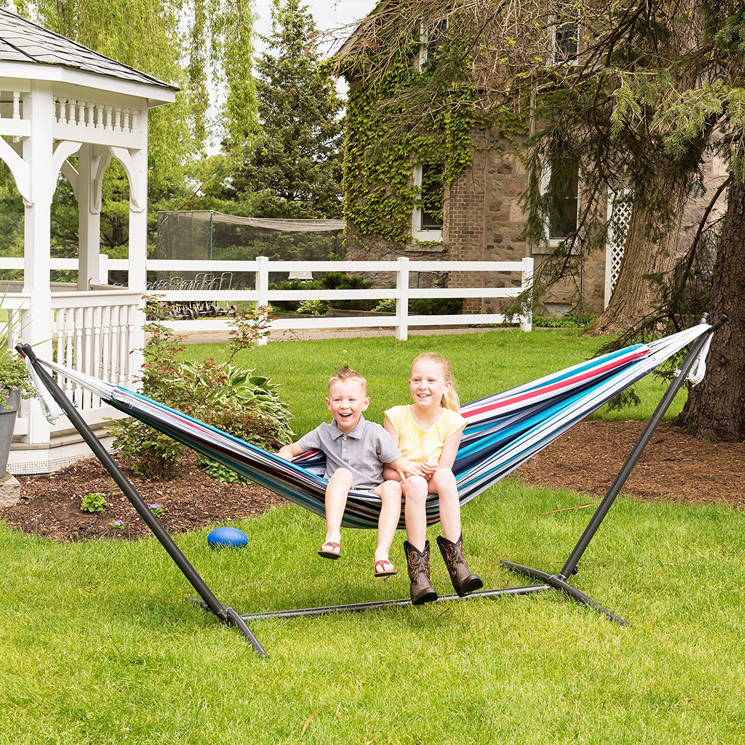 9 Ft Double Cotton Hammock with Steel Stand Large Capacity 440-Pound Space Saving for Outdoor Camping-Stand Included