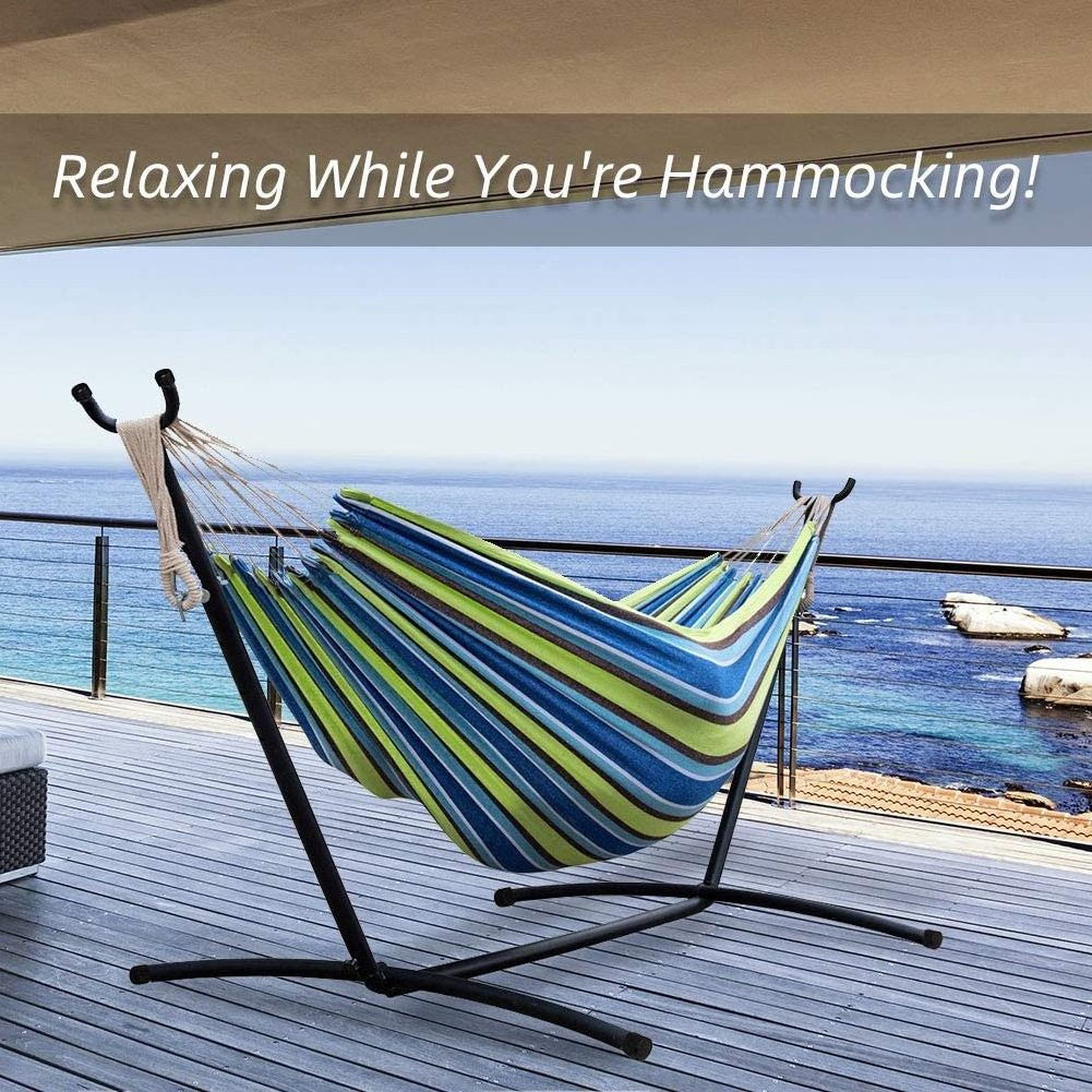 Canvas Cotton Hammock with Steel Metal Stand Portable Hammock Chair Easy Take for Camping Hiking Travel for Two Person