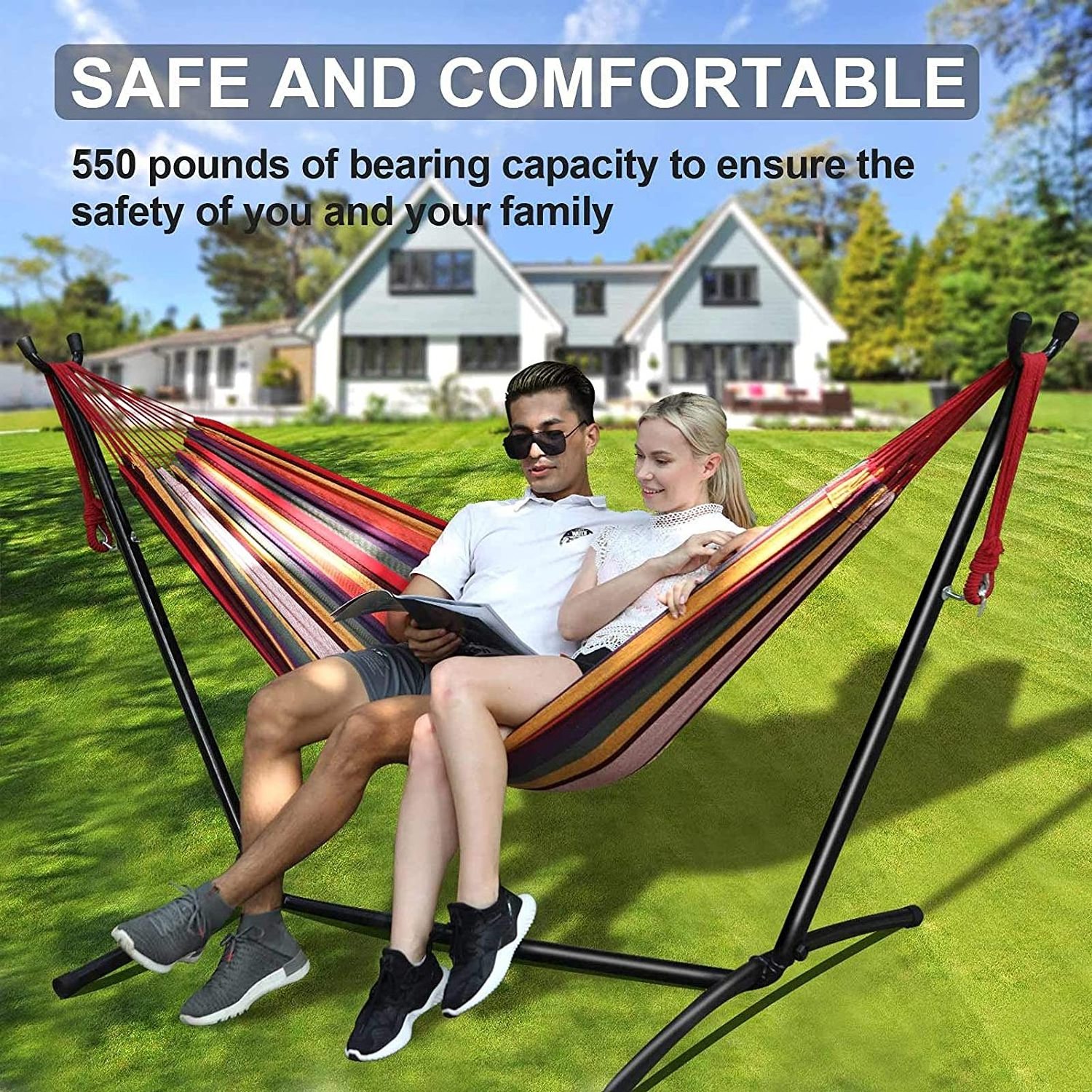 Canvas Cotton Hammock with Steel Metal Stand Portable Hammock Chair Easy Take for Camping Hiking Travel for Two Person