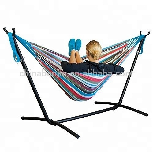 Camping Hammock for 2 Person Cotton Hammock with Foldable Metal Stand Outdoor Swing Bed Chair with Steel Frame & Carry Bag