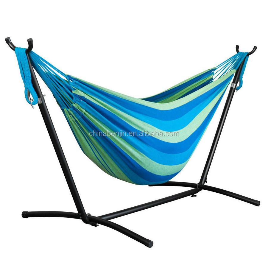 Camping Hammock for 2 Person Cotton Hammock with Foldable Metal Stand Outdoor Swing Bed Chair with Steel Frame & Carry Bag