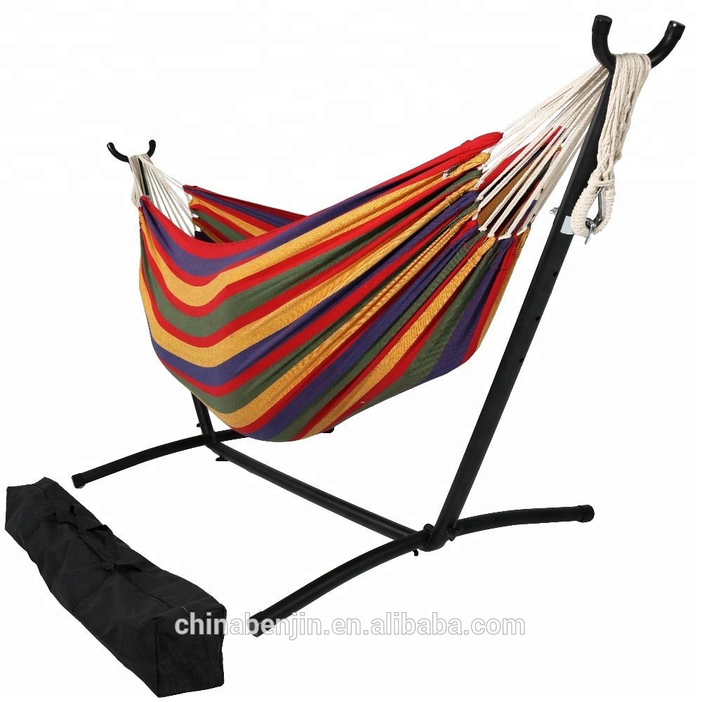 Camping Hammock for 2 Person Cotton Hammock with Foldable Metal Stand Outdoor Swing Bed Chair with Steel Frame & Carry Bag