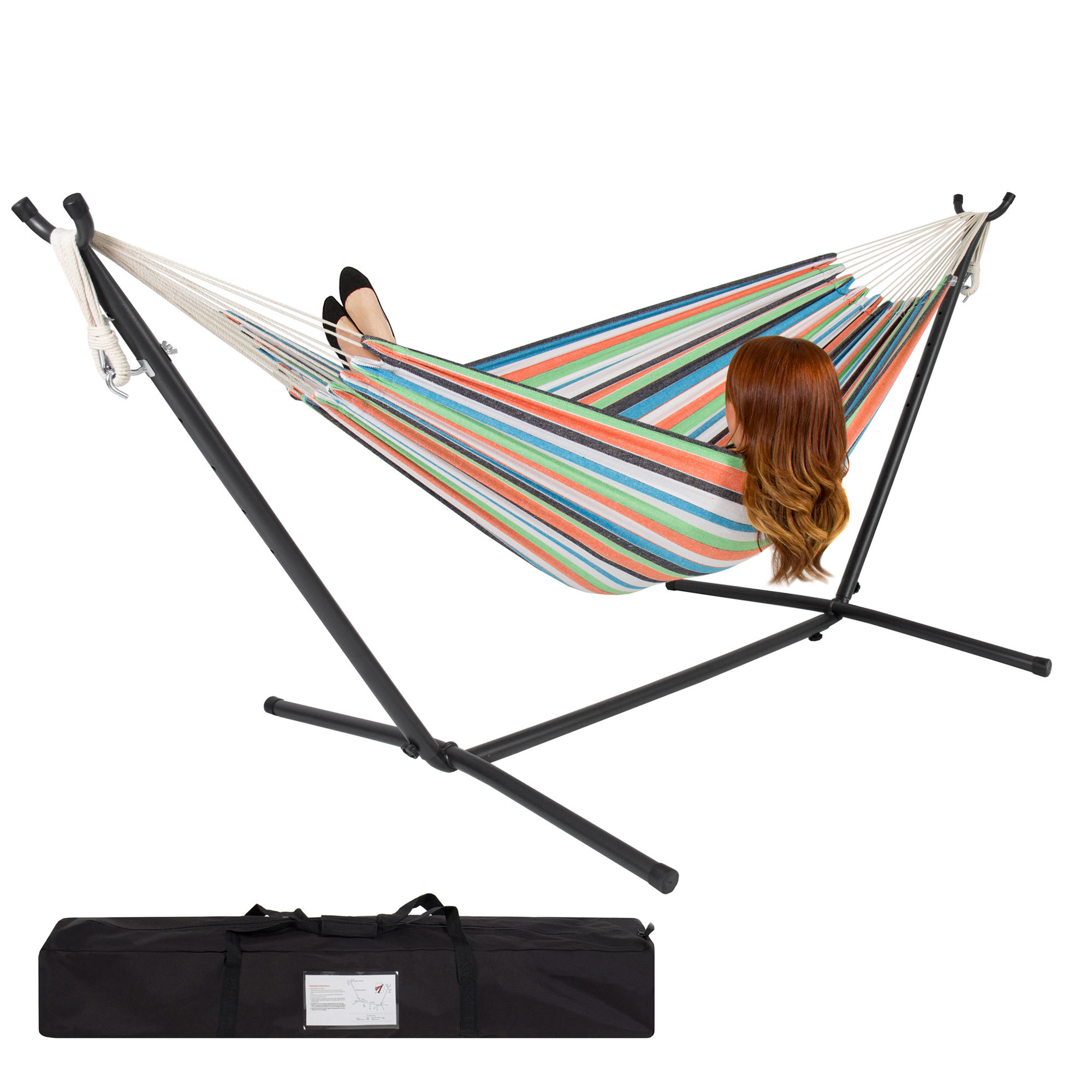 Camping Hammock for 2 Person Cotton Hammock with Foldable Metal Stand Outdoor Swing Bed Chair with Steel Frame & Carry Bag