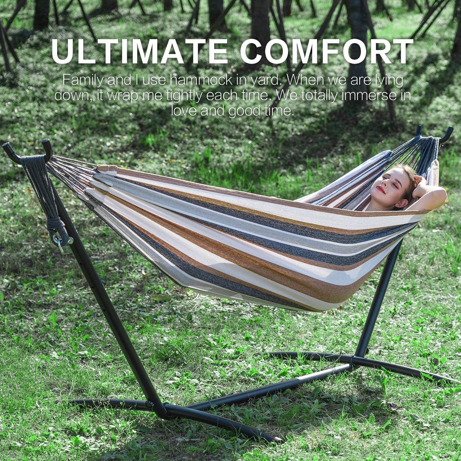 Hammock with stand, double hammock bed space saving metal stand hammock, free standing camping Chair for outdoor Picnic Backyard