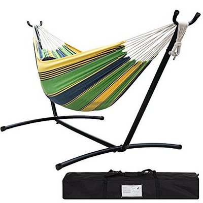 Hammock with stand, double hammock bed space saving metal stand hammock, free standing camping Chair for outdoor Picnic Backyard