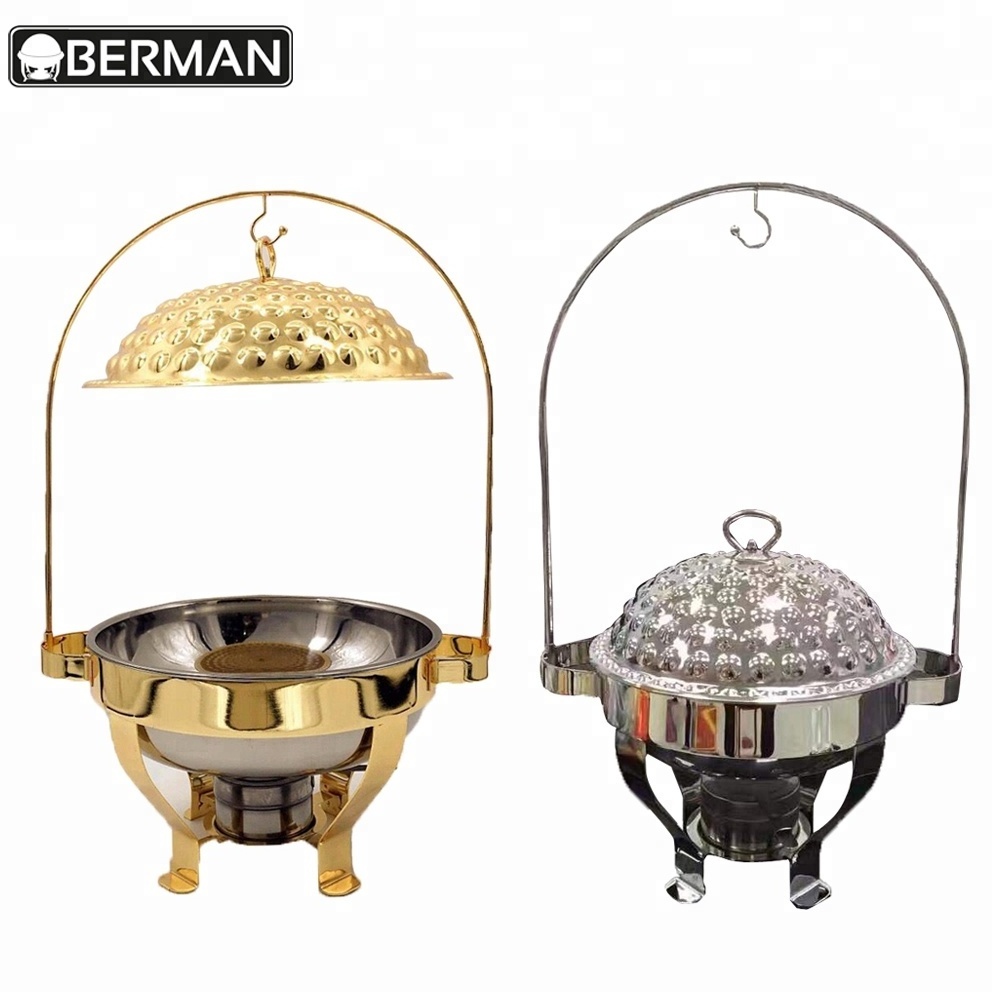 Gold luxury crown saudi arabic restaurant equipment round food warmer hinged lid hammered hanging dome chaffing/ chafing dish