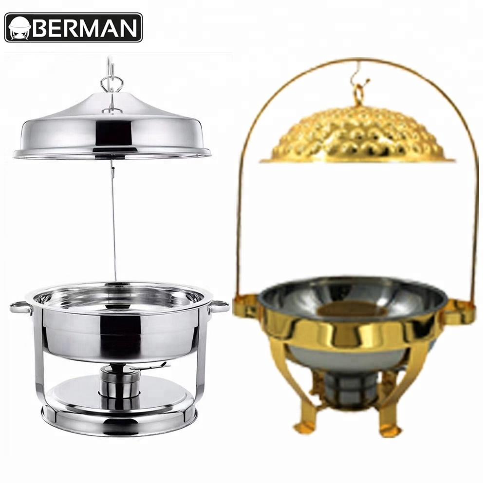 Gold luxury crown saudi arabic restaurant equipment round food warmer hinged lid hammered hanging dome chaffing/ chafing dish