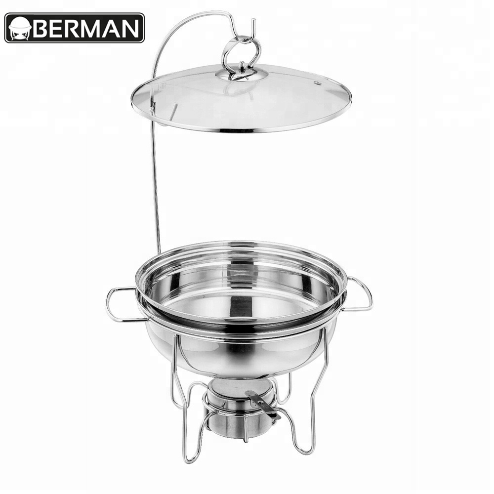 Gold luxury crown saudi arabic restaurant equipment round food warmer hinged lid hammered hanging dome chaffing/ chafing dish