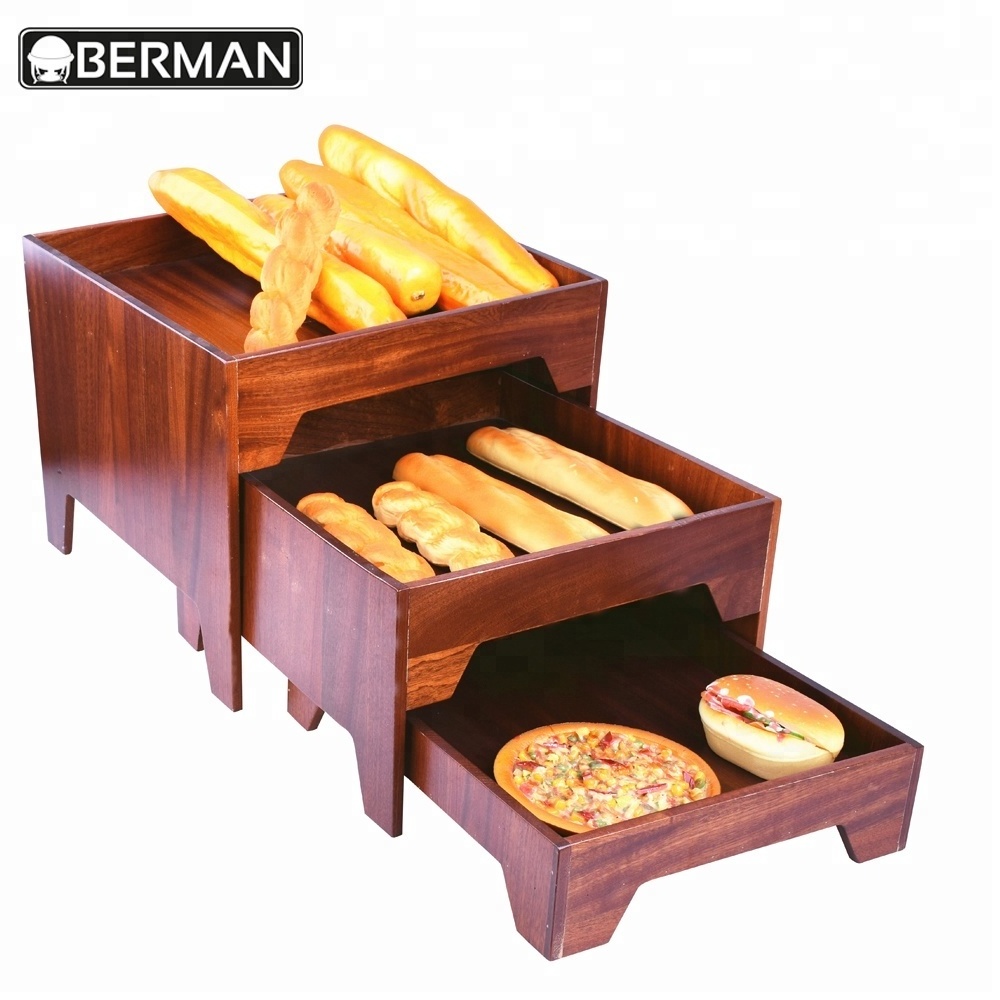 Flooring wood bread display rack , 3 tier wood bufffet buffet display stand used restaurant equipment for sale