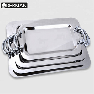 Catering product restaurant buffer dish fancy metal stainless steel rectangular ss buffet serving tray wholesale