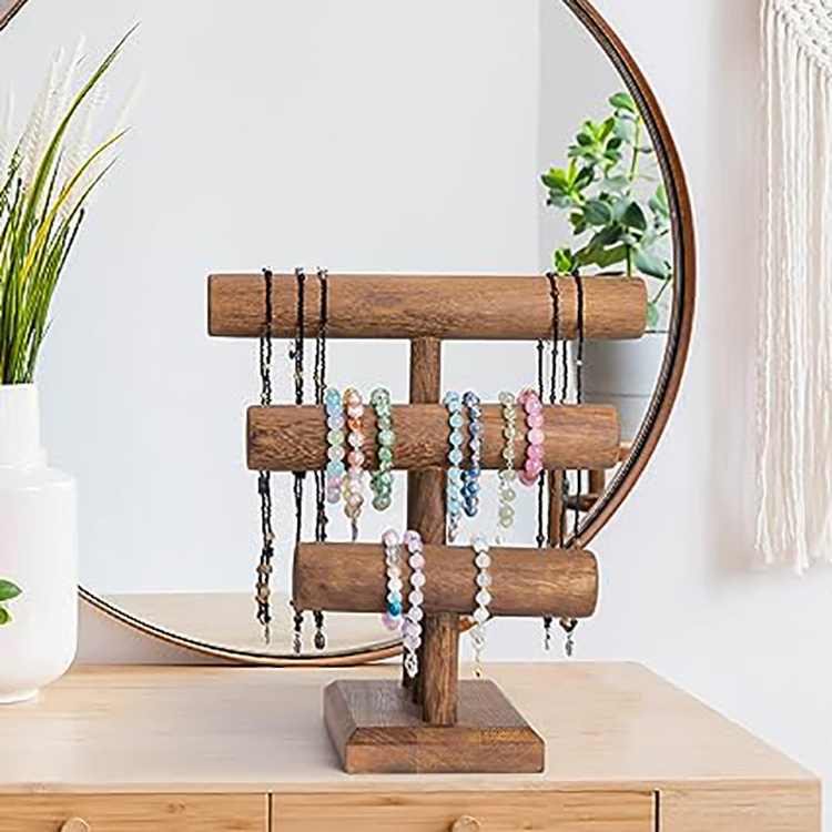 2023 Unique Wooden 3-Tier T-Bar Bracelet Jewelry Stand Tower Holder Organizer For Display Storage